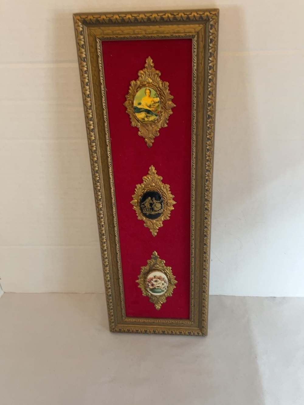 Vintage 1975 Cibro Framed Porcelain Cameos Red Velvet Gold Wall Art 16”
